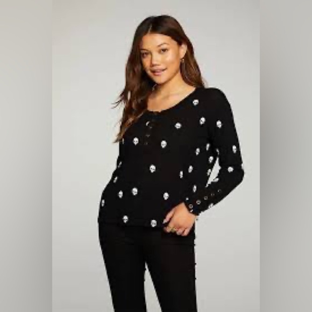 Chaser Skull Print Waffle Henley Black White Long Sleeve Top S NWT